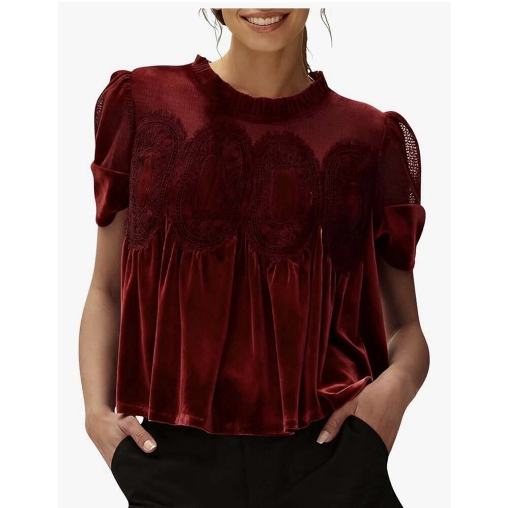 Free People Inspired Velvet Babydoll Lace Victorian Top In Burgundy Sz S - Picture 7 of 7